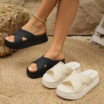 Новые женские плоские тапочки Модные шлепанцы с горизонтальным ремешком Женские домашние легкие мягкие тапочки 36