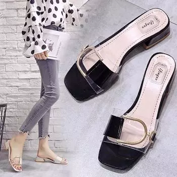 New Women s High-heeled Slippers Transparent Mules Summer Women s Shoes Metal Buckle Open Toe Square Low-heeled Word Sandals 34 чёрный