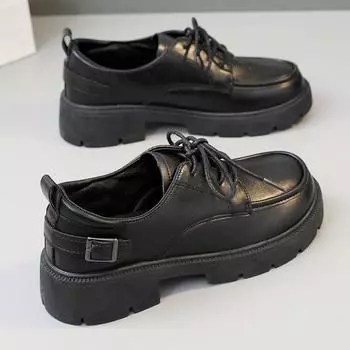 New Women s Leather Shoes 2024 Solid Color Elevated Thick Sole Student Fashion Campus Shoes Women Med (3cm-5cm) Lace-up Pumps 35 чёрный