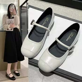 New Women s Mary Janes Shoes High Quality Leather Low Heel Dress Shoes Square Toe Shallow Buckle Strap Woman Shoe Zapatos Mujer 35 бежевый