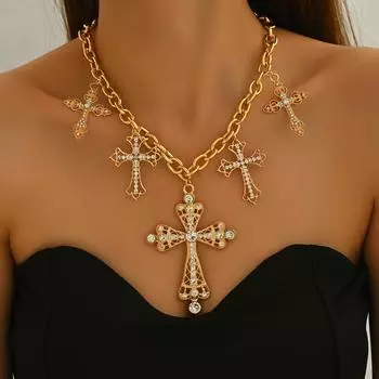 New Women s Necklace Geometric Cross Set with Diamonds Design Pendant Clavicle Chain Versatile Necklace