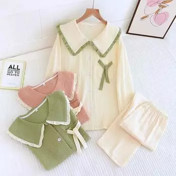 новый женский пижамный костюм 100% хлопок креп милый милый длинные рукава брюки из двух частей домашняя одежда тонкая пижама женская M оранжевый