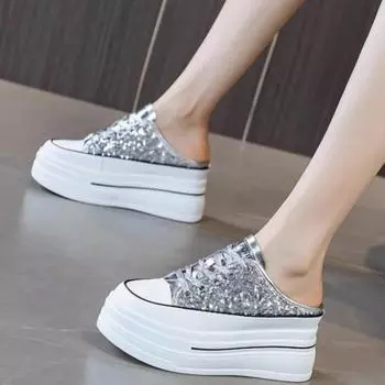 New Women s Platform Slippers with 7.5cm High Heel Chunky Breathable Casual Shoes Lightweight & Comfortable Glitter Fabric Upper 35 серебряный