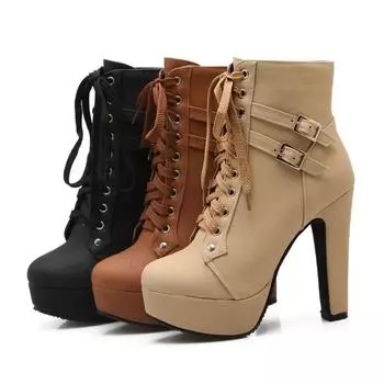 New Women s Pumps Shoes Womens Thick Sole Boots Lace Up Ladies Ankle Boots Comfortable Stiletto Heels 35 чёрный