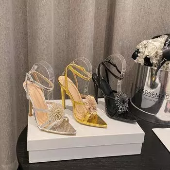 New Women s Sandals Colored Water Diamond Flower Thin High Heel Open Toe Classic Gold Banquet Shoes 35