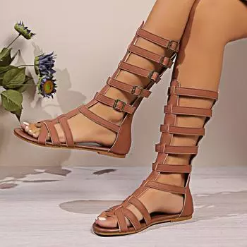 New Women s Sandals Round Toe Flat Sole Hollow Mid-tube Sandal Boots Fashion Lightweight Plus-size One Kick Women s Roman Shoes 36 коричневый