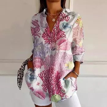New Women s Shirts Summer European and American Fashion Three-quarter Sleeve Shirts Animal Pattern 3D Printing S синий/белый