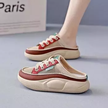 New Women s Shoes 2024 Fashionable Mesh Breathable Women s Slippers Color Matching Lace-up Toe-toe Mid-heel Women s Slippers 35 синий