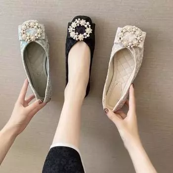 Новые женские туфли с бусинами, квадратная голова, неглубокий носок, повседневные туфли на плоской подошве, квадратный носок, низкий каблук 35