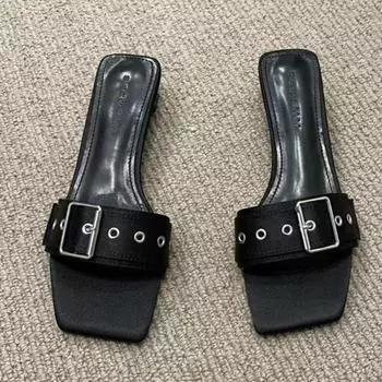Новая женская обувь Модные женские тапочки Черные Роскошные сандалии На плоской подошве Сексуальные С квадратным носком Уличные Пляжные тапочки Zapatos De Mujer 35