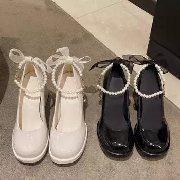 новая женская обувь туфли на высоком каблуке женские ретро жемчужный бант ремешок на щиколотке туфли на высоком каблуке модные женщины 35