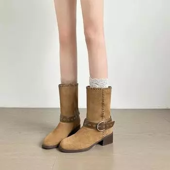 New women s shoes niche retro hand stitching thick heel round head straight boots metal belt buckle thick heel knight boots 35
