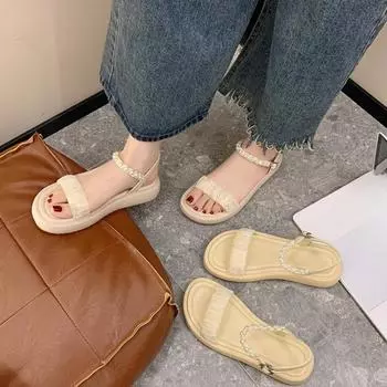 New Women s Shoes Summer Fashion Round Head Open Toe Sexy Pleated Pearl Buckle Casual Thick Sole Beach Flat Sandals 35