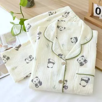 New Women s Spring and Autumn Pajama Set 100% Cotton Cute and Simple Long Sleeved Pants Two Piece Home Furnishing Set M