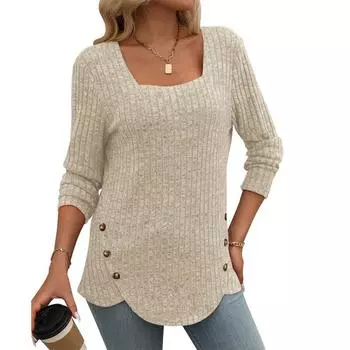 New Women s Square Neck Knitted Sweater Solid Color Pit Stripe Brushed Top Long Sleeved Button T-Shirt Fashionable Women s Clothing S армия зеленый