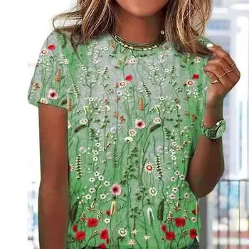 New Women s T-shirt Summer Loose Round Neck Short Sleeved Floral 3D Printe T-shirt S