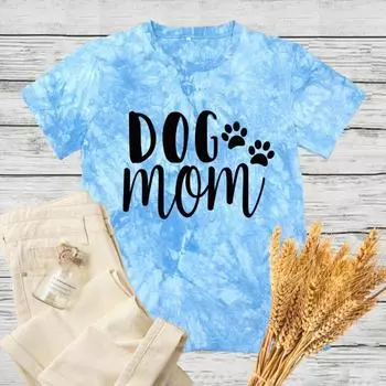 New Women s Tie Dye Printed Bear Foot 3D Letter Loose Round Neck T-shirt for Spring and Summer S