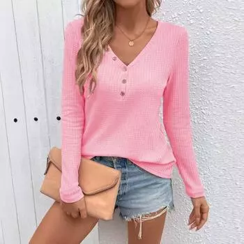 New Women s V-neck Button Solid-color Long-sleeved T-shirt for Autumn and Winter S белый
