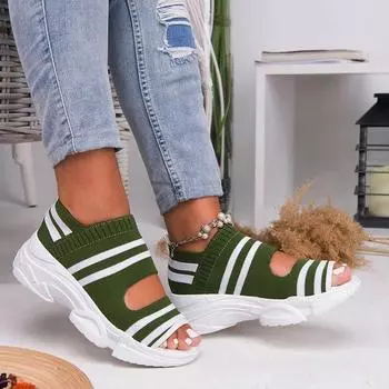 New Women Sandals 2024 High Heels Platform Women Shoes Summer Casual Female Sneakers Knitting Slip On Peep Toe Women Sandals 35 зелёный