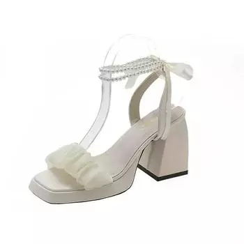 New Women Sandals High Heels Casual Shoes Women s Open Toe Summer Square Female Ankle Strap Low Heels Sandals Women 35