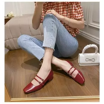 New Women Shoes Fashion Square Toe Shallow Ladies Mary Jane Ballerinas Vintage Style Low-heeled Casual Single Shoe Zapatos Mujer 35