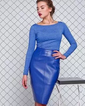 New Women Skirt Blue Handmade Leather Genuine Lambskin Stylish Party Wear Soft S
