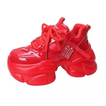 New Women Spring Autumn Chunky Sneakers 8CM Thick Bottom Leather Shoes High Platform Vulcanize Red Shoes Casual Sports Shoes 34 чёрный