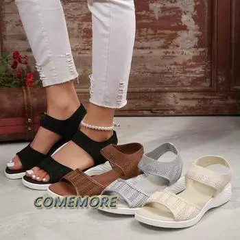 New Women Summer Fashion Mesh Casual Fish Mouth Sports Sandals Plus Size 43 Flat Shoes Round Head 2024 New Gray Sandalias Mujer 36 бежевый