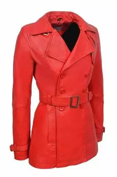 New Women Trench Coat Red Leather Handmade Lambskin Genuine Stylish Wear Casual S красный