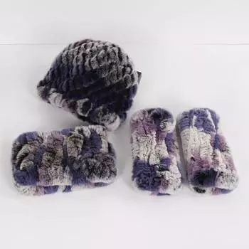 New Women Winter Knitted Real Rex Rabbit Fur Hat Scarf Gloves Sets Natural Warm Rex Rabbit Fur Cap Scarves Mittens 3 Pieces Good elasticity