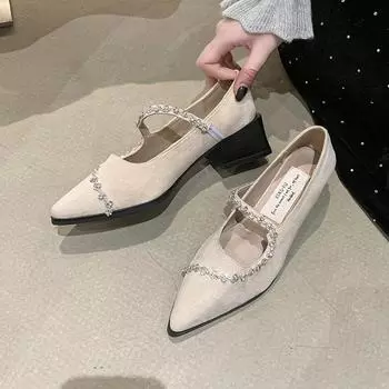 Новые женские туфли-лодочки на низком каблуке с острым носком, ремешком с прямой пряжкой и цепочкой со стразами, весенняя уличная обувь из ПУ с низким верхом 35