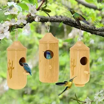 New Wooden Bird Nest Garden Hanging Hummingbird House with Platform Stand Courtyard Solid Wood Bird Nest Mini Hummingbird Feeder