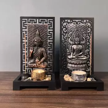 New wooden resin Buddha statue set candlestick wooden ornaments coffee shop desk living room crafts