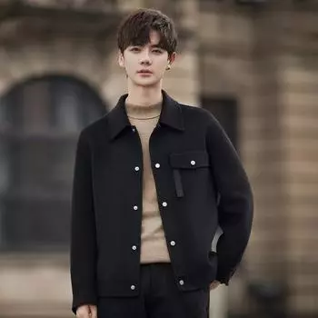 New Woolen Coat Men s Double-sided Coat Autumn and Winter Short Lapel Casual Woolen Warm Coat S чёрный