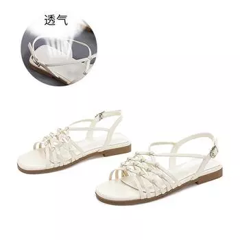 New woven sandals women 2025 summer French flat sandals women casual versatile fairy style Roman sandals women 35