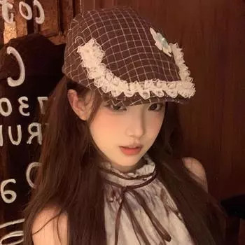Новые шляпы Y2K Bow Lace Plaid Forward для женщин, летние и осенние, для путешествий, универсальные, ретро, японские, повседневные, литературные, береты 56-58cm кофейный
