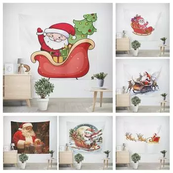 New Year Christmas Cartoon Santa Claus Sleigh Pattern Tapestry Living Room Sofa Home Decor Christmas Gift 100x75cm