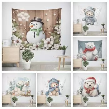 Новогодний рождественский узор с белым медведем для гостиной и спальни, декоративный гобелен 100x75cm