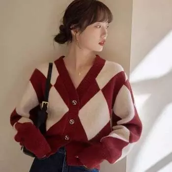 Новогодний вязаный свитер кардиган женский весна и осень зима ретро V-образный вырез внутренний верхний слой пальто one size красный