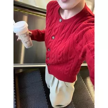 New Year Red Inner Wear Knitting Cardigan Cable-Knit Sweater Red XL