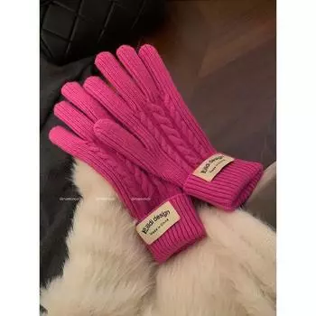 New Year Red Knitting Gloves Female Winter 2025 New Warm Long Touch Screen Split Finger Anti-Freezing Cycling Five Finger Rose pink One size