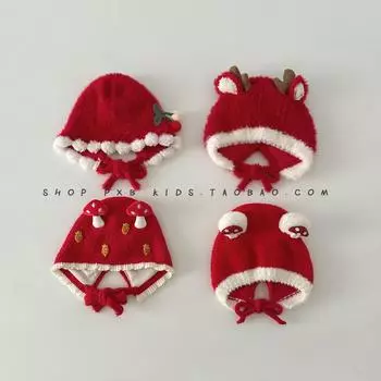 New Year s big red children s hats to keep warm in autumn and winter, infants and toddlers lace-up ear protectors, New Year s Eve headgear 45-50cm