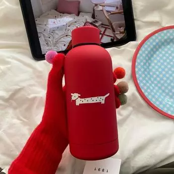 New Year S Christmas Premium Sense Positive Red Frosted Puppy Stainless Steel Thermos Cup, Cute Spot Repair Dog Accompanying Cup 350ml