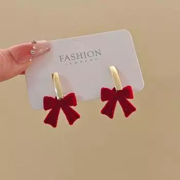 New Year S Christmas Red Flocking Bow Earrings Female Earrings Are Suitable For The Festive Earrings Of The New Year