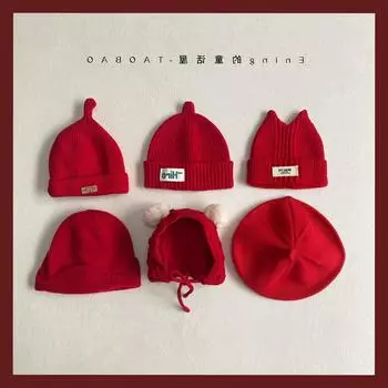 New Year s red baby hat infant fetal cap men and women early autumn and winter newborns 0-3-6 months wool out