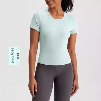 New Yoga Clothes Women s Short Sleeve Rib Running Workout T-shirt Sexy Beauty Back Short Slimming Quick-Drying Exercise Top Baby Blue XL