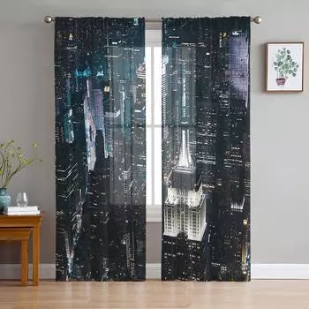 New York City Night View Sheer Curtains for Living Room Decoration Window Curtains for Kitchen Tulle Voile Organza Curtains W135 x H115cm x1