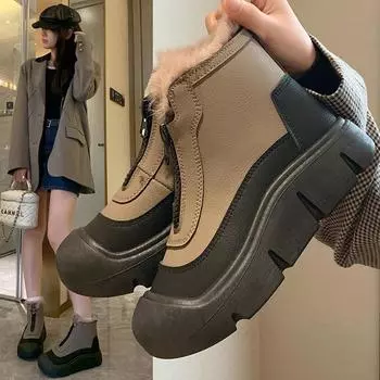 Новые женские туфли на толстой подошве с застежкой-молнией, увеличивающие рост, для занятий спортом на доске, женские зимние теплые короткие ботинки 35 хаки