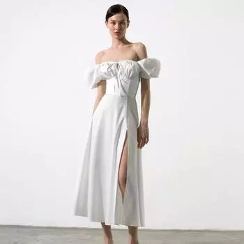 NewAsia Белое платье с пышными рукавами и открытыми плечами, вырезом и завязками по бокам, длинное платье с рюшами и рюшами, женское летнее платье для женщин 2022 S белый