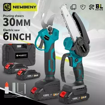 NEWBENY Бесщеточная 6-дюймовая электрическая пила + 30-миллиметровые электрические секаторы, набор аккумуляторных садовых деревообрабатывающих инструментов для Makita 18 В аккумулятор 2 Battery EU Plug